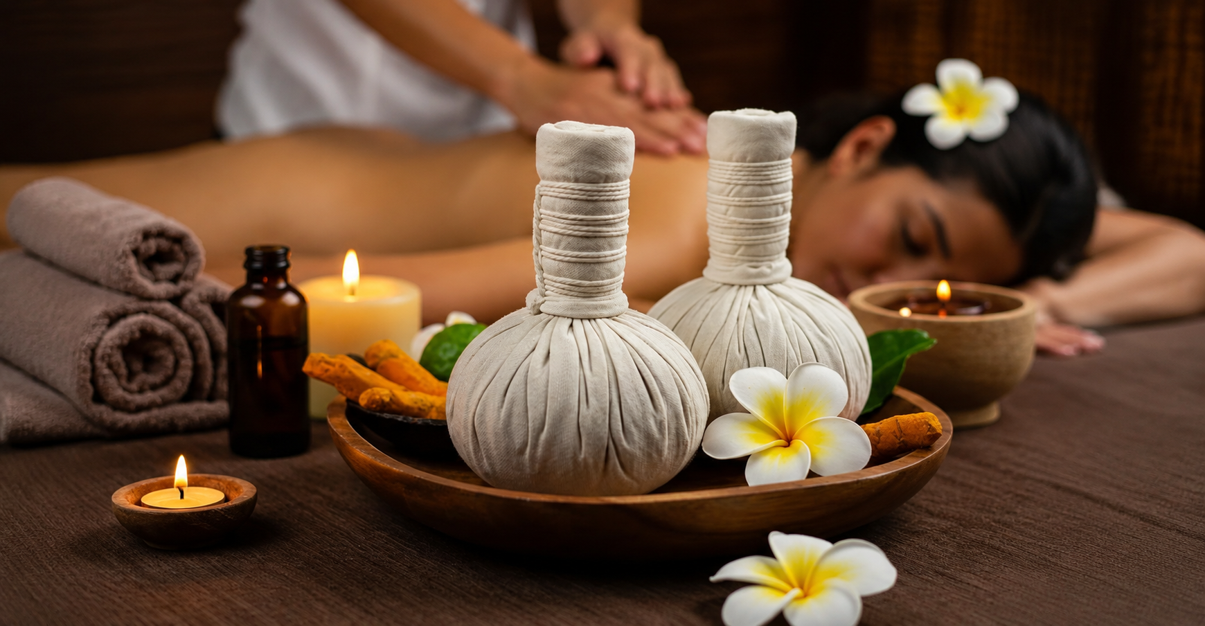 Best Panchakarma treatments in Burke VA featuring traditional Ayurvedic herbal therapy essentials, herbal pouches, and natural wellness practices for relaxation and holistic care.