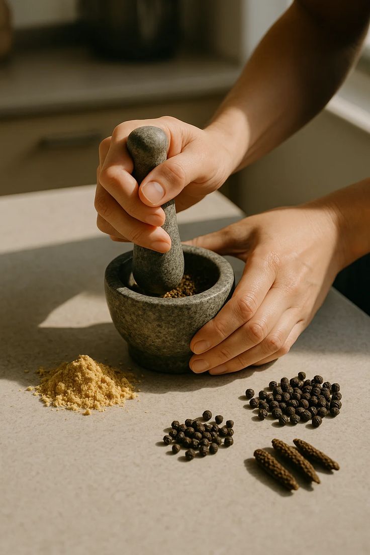 Ayurveda wellness information in Burke featuring traditional Ayurvedic herbs being prepared with a mortar and pestle for natural holistic wellness practices.