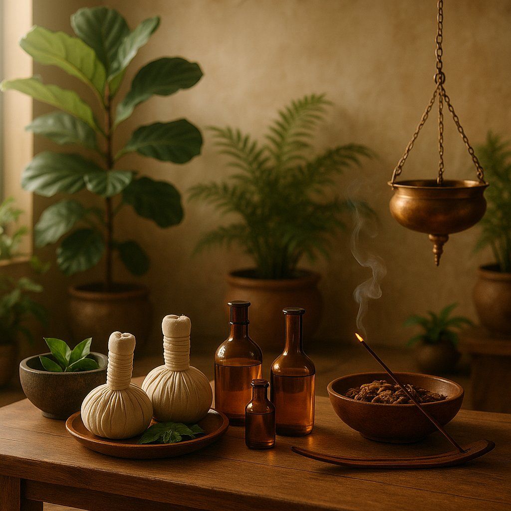 Ayurveda wellness information in Burke featuring traditional Ayurvedic herbs, herbal oils, and holistic wellness therapy setup